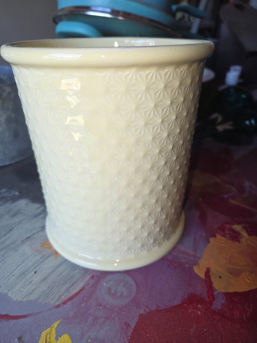 Textured, ceramic, round vase - yellow
